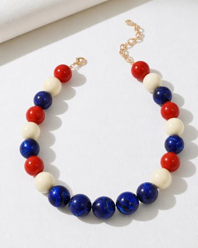 Chunky Beaded Choker Necklace for Women Boho Statement Necklace with Large Pearl Blue Brown Tone Resin Beads Summer Beach Jewelry Gifts - color: Red White Navy