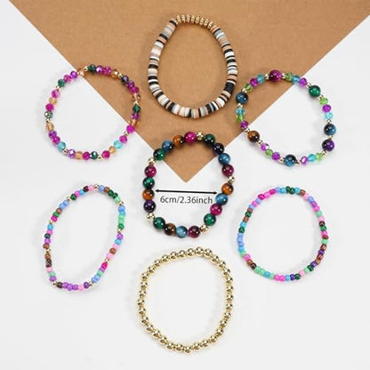 7/12Pcs Set Bohemian Stackable Crystal Seed Beaded Elastic Stretch Bracelet Multilayerd Handmade Brass Bead for Women Jewelry Surfer Heishi Polymer Clay Layering - color: blue