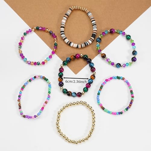7/12Pcs Set Bohemian Stackable Crystal Seed Beaded Elastic Stretch Bracelet Multilayerd Handmade Brass Bead for Women Jewelry Surfer Heishi Polymer Clay Layering - color: colorful