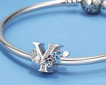 S925 Silver Butterfly Initial Letter Charms Fit for Pandora Charms Bracelets and Necklace Alphabet Bead Charms Jewelry Gifts for Women - color: Y
