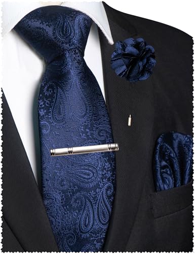 JEMYGINS Mens Paisley Tie and Lapel Pin Necktie Pocket Square and Tie Clip with Sets for Business Casual 4PCS - color: Navy Blue