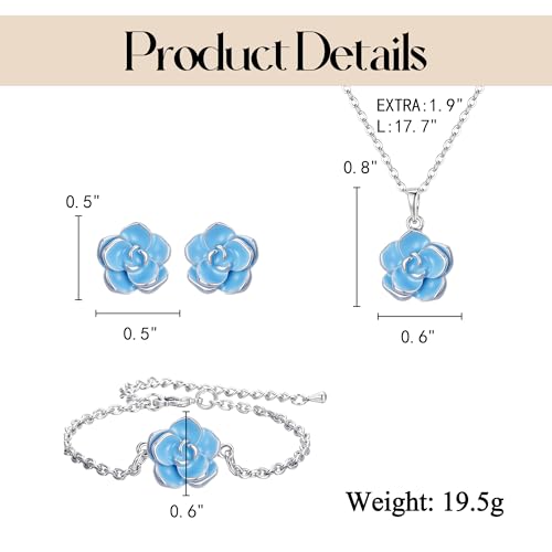 EleQueen Rose Flower Necklace Earrings Bracelet Set for Women - color: Light Blue-Silver