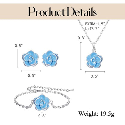 EleQueen Rose Flower Necklace Earrings Bracelet Set for Women - color: Light Blue-Silver