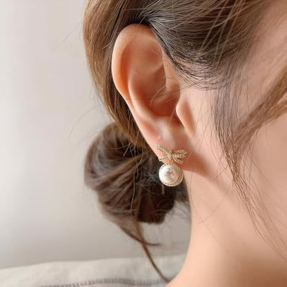 Gold Bow Earrings for Women, Long Tassel Chain Drop Earrings, Trendy Small Bow Earrings, Ribbon Waterfall Dangling Earrings, Pearl Bow Earrings, Sparkly Elegant Bowknot Preppy Jewelry Gifts for Women - color: Gold Bow-E