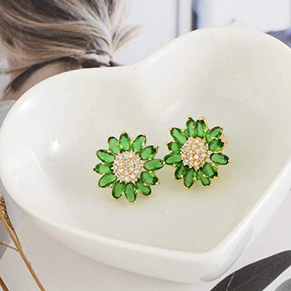 Crystal Flower Burst Stud Earirings - Big Sterling Silver CZ Cubic Zirconia Rhinestone Daisy Sunflower Floral Cluster Studs Bridal Wedding Party Prom Costume Jewelry for Bride Bridesmaids Women Birthstone Birthday Gift - color: Green