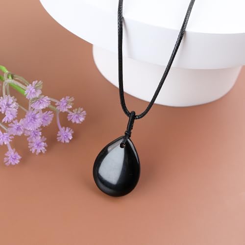 Teardrop Gemstone Necklaces for Women, Healing Crystal Pendant Necklace Birthstone Jewelry for Women - color: Black Obsidian