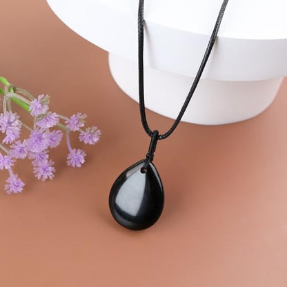 Teardrop Gemstone Necklaces for Women, Healing Crystal Pendant Necklace Birthstone Jewelry for Women - color: Black Obsidian