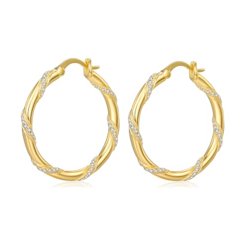 14K Gold Hoop Earrings for Women Thick Large Earrings Lightweight | Gold Plated Huggie Earrings for Women Hypoallergenic (with Gift Box) - color: Spiral CZ-30MM