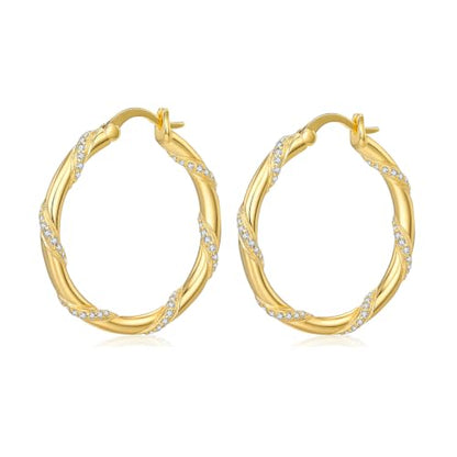 14K Gold Hoop Earrings for Women Thick Large Earrings Lightweight | Gold Plated Huggie Earrings for Women Hypoallergenic (with Gift Box) - color: Spiral CZ-30MM