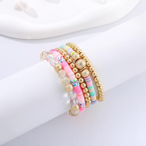 Summer Surfer Heishi Bracelet Set for Women Stackable Gold Plated Clay Ploymer Bead Stretch Pink Beach Layering Bracelets Jewelry - color: B-A2