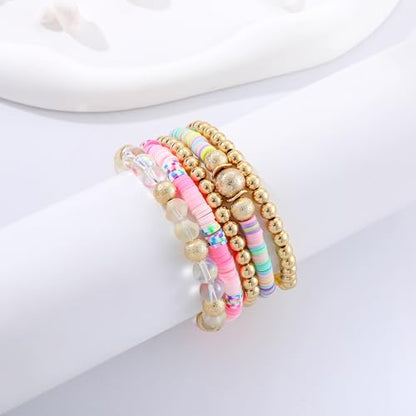 Summer Surfer Heishi Bracelet Set for Women Stackable Gold Plated Clay Ploymer Bead Stretch Pink Beach Layering Bracelets Jewelry - color: B-A2