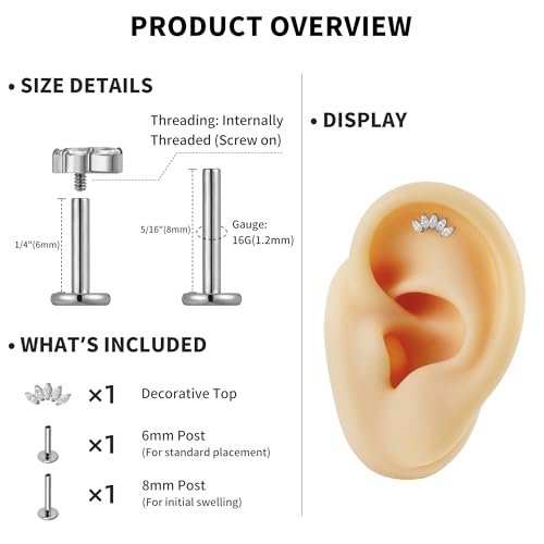 FINE4U 1PC ASTM F136 Titanium 16G Flatback Stud for Tragus, Helix, Conch 6mm 8mm - Screw on Cartilage Earring Piercing Jewelry - color: Five Marquise - Clear CZ - Tit