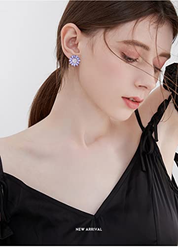 Crystal Flower Burst Stud Earirings - Big Sterling Silver CZ Cubic Zirconia Rhinestone Daisy Sunflower Floral Cluster Studs Bridal Wedding Party Prom Costume Jewelry for Bride Bridesmaids Women Birthstone Birthday Gift - color: Purple