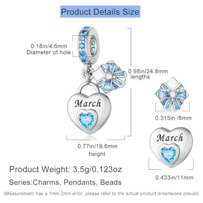 HappyStar 925 Sterling Silver Happy Birthday Bead Charm Love Heart Shape Birthstone Charms for Bracelets Dangle Pendant with 5A Cubic Zirconia Compatible Pandora Bracelets Jewelry Gift for Women - color: 3-March Birthstone Charms