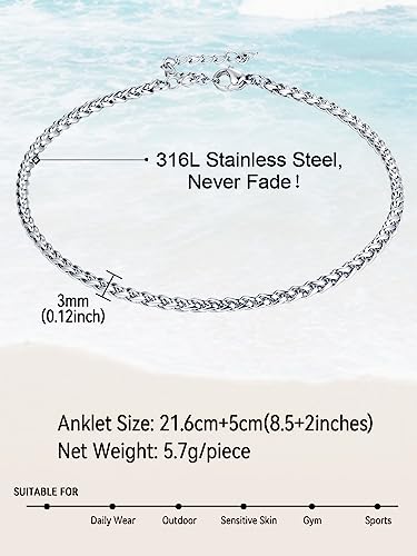 FaithHeart Waterproof Ankle Bracelets for Women, 1/2/3Pcs Non Tarnish Stainless Steel Layered Anklet Set Paperclip Figaro Cuban Link Chain Dainty Summer Beach Jewelry Gift Adjustable Size - style: i.Spiga - Silver