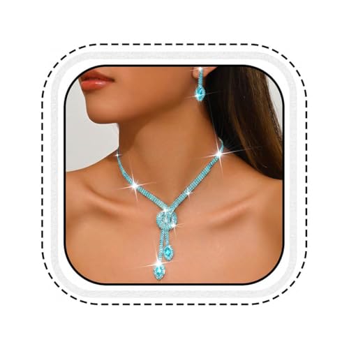 Unicra Silver Rhinestone Bridal Wedding Jewelry Set Crystal Necklace Earrings Sets Formal Prom Costume Jewelry Sets for Women and Brides - color: Light Blue