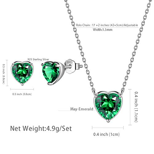 Aurora Tears Hearts Necklace Earrings Jewelry Sets - Women 925 Sterling Silver Birthstone Pendants Earrings Set Crystal Wedding Birthday Jewelry - color: E.May-set