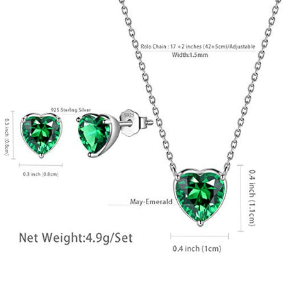 Aurora Tears Hearts Necklace Earrings Jewelry Sets - Women 925 Sterling Silver Birthstone Pendants Earrings Set Crystal Wedding Birthday Jewelry - color: E.May-set