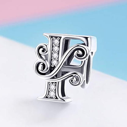 BISAER 925 Sterling Silver Initial Letter A-Z Charms for Bracelets Alphabet Beads Charm Jewelry Gifts - color: Letter F