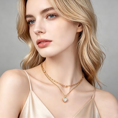 Birthstone Layered Pendant Paperclip Necklace 18k Gold Plated Heart Choker Chain Necklace Emerald Cut Jewelry Birthday Gift for Women - color: Heart Diamond