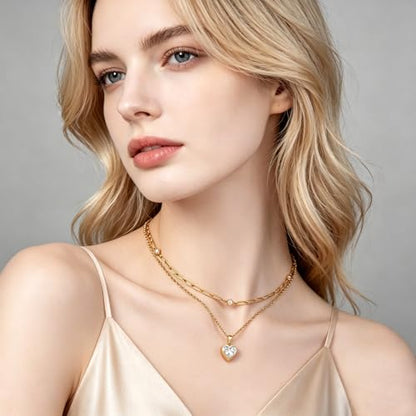 Birthstone Layered Pendant Paperclip Necklace 18k Gold Plated Heart Choker Chain Necklace Emerald Cut Jewelry Birthday Gift for Women - color: Heart Diamond