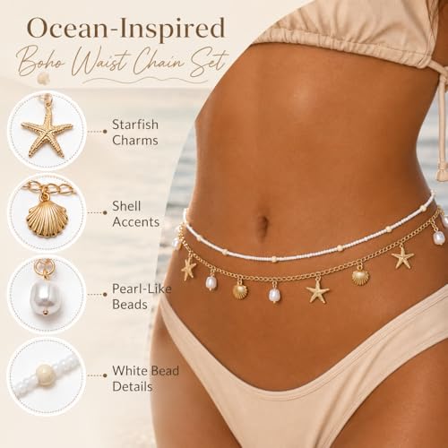 Gold Chain Belt for Women, 14K Gold Plated Layered Pearl Shell Belly Chain, Adjustable Gold Waist Chain and Beach Waist Chain Body Jewelry for Bikini Summer Outfits - color: Pearl Platinum
