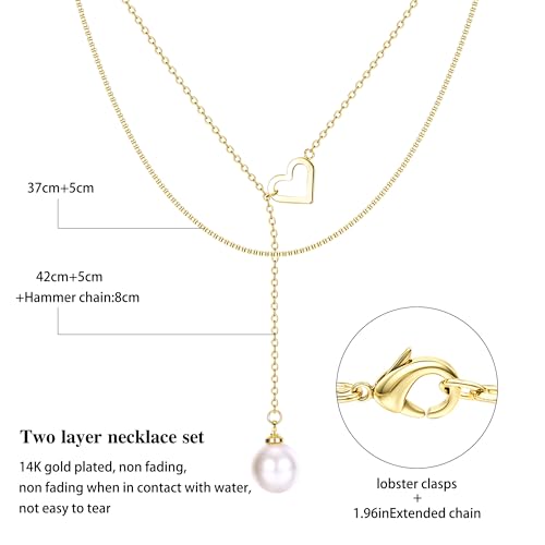 Dochais Dainty Gold Layered Necklace for Women, 14K Gold Plated Y Necklace & Chain, Dainty Lariat Long Necklaces, Trendy Cubic Zirconia Choker, Sun, Heart, Pearl & Cross Pendant Necklace, Jewelry Gift - color: Y Layered Pearl with Heart Lariat-GD