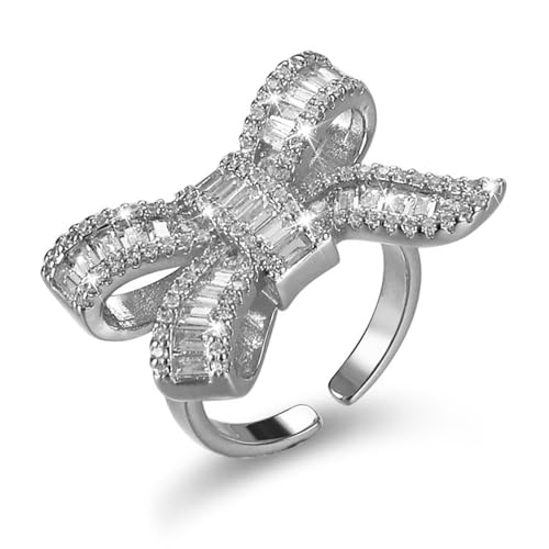 Sparkly Rhinestone Bow Rings for Women Adjustable Cocktail Statement Finge Ring Pave Crystal Bow Open Ring Promise Engagement Wedding Party Jewelry - style: Silver