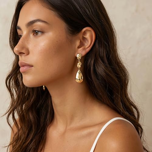 Gold Dangle Earrings for Women,Chunky 14K Gold Plated Drop Dangle Stud Earrings Long Statement Hammered Earring Hypoallergenic Jewelry for Women Gifts - style: Teardrop-GD