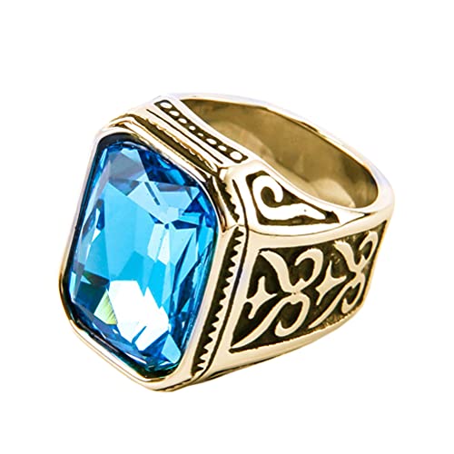 PAURO Promise Rings with Big Stone | Men's Stainless Steel, Vintage Wedding Promise Ring with Big Stone - color: Gold Black Lake Blue
