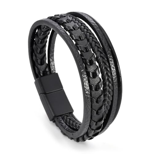 Mens Leather Bracelet Multi-Layer Braided Bracelet Wristband Father's Day Birthday Jewelry Gifts 8.5" Classic Bracelet with Stainless Steel Buckle - color: black