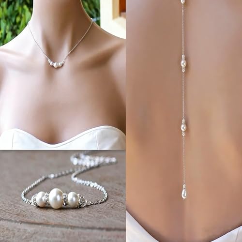 Elegant Pearl Back Chain Silver Crystal Back Drop Necklace Long Pearl Body Chain Wedding Backdrop Necklace Chain Summer Beach Body Jewelry for Women Backless Off-shoulder Dressing