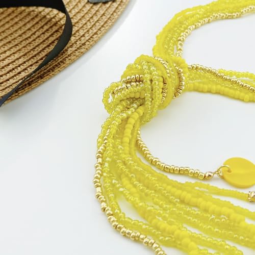 Coiris Long Seed Beaded Multi Strand Necklace,10 Multiple Statement Long Bib Necklace with Tie Knot for Women and Girls Jewelry - color: Yellow