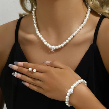 Pearl Bride Wedding Jewelry Set Faux Pearls Necklace Earrings Bracelet Sets for Women Bridesmaid Wedding(3 PCS) (White-Round)