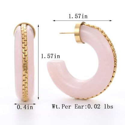 Gold Plated Resin Chunky Hoop Earrings Hypoallergenic Push Back Hoops for Sensitive Ears - color: Pale Pink