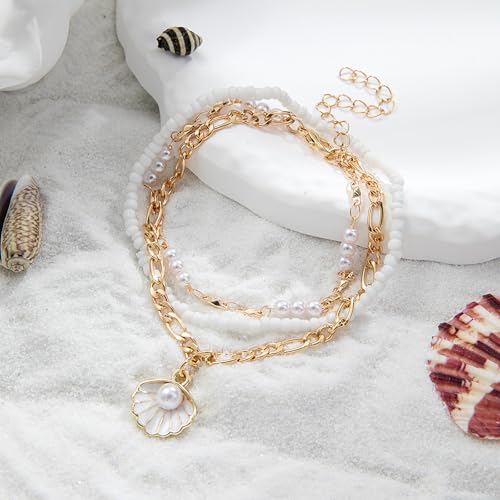Qceasiy Starfish Ankle Bracelets for Women, Boho Beaded Beach Anklets Set | Gold-plated layered anklets in seashell, disc, and conch styles, with stretch or adjustable fits for summer beach outfits. - color: White 3