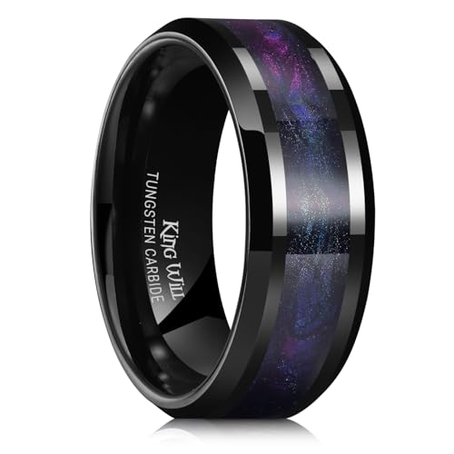 King Will Mens Galaxy Tungsten Wedding Band | 6mm/8mm, Beveled Edge, Comfort Fit, Durable, Sandstone Opal Inlay Polished, Everyday Wear - color: Black&Purple&Blue