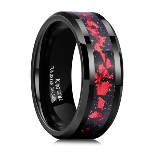 King Will Mens Wedding Band with Foils Inlay, Black/Silver/Gold | Black, 6mm/8mm, Beveled Edge, Comfort Fit, Glowstone Ring, Everyday Wear - color: Black&Red-8mm