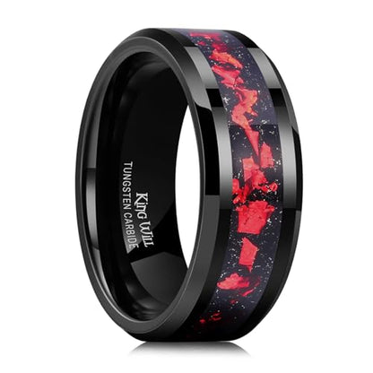 King Will Mens Wedding Band with Foils Inlay, Black/Silver/Gold | Black, 6mm/8mm, Beveled Edge, Comfort Fit, Glowstone Ring, Everyday Wear - color: Black&Red-8mm