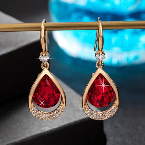 Austrian Crystal Halo Teardrop Hollow Drop Dangle Earrings for Women 14K Rose Gold Plated Hypoallergenic Jewelry Gifts - color: Red