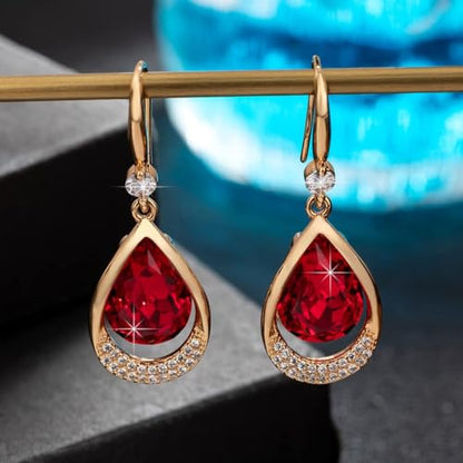 Austrian Crystal Halo Teardrop Hollow Drop Dangle Earrings for Women 14K Rose Gold Plated Hypoallergenic Jewelry Gifts - color: Red