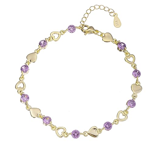 14K White Gold Plated Link Bracelet for Women Heart Star Round Beaded Charms Dainty Chain Simple Jewelry Gifts - color: star purple zircon-gold