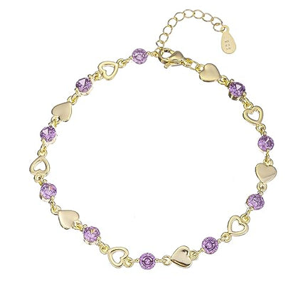 14K White Gold Plated Link Bracelet for Women Heart Star Round Beaded Charms Dainty Chain Simple Jewelry Gifts - color: star purple zircon-gold