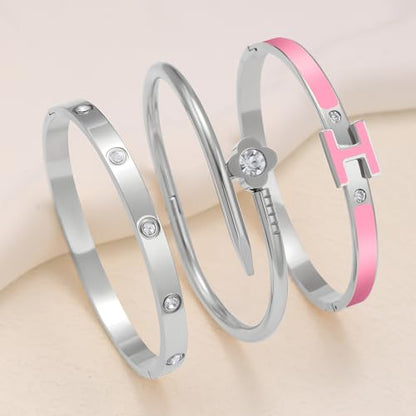 3Pcs Gold Bracelets for Women 14K Gold Plated Love/H/Nail Bangle Bracelet Dainty Non Tarnish Bracelet Jewelry Christmas Mothers Day Gifts for Women - color: 3Pcs Silver/Pink H bracelet