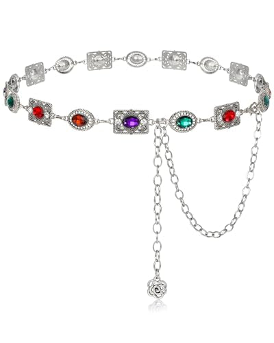 Women Western Concho Chain Belt Vintage Rhinestone Gems Boho Metal Waist Chain Jeans Dress Daily Concert Halloween - color: E-colorful Retro Silver, size: Length 51" (31"+extension chain 20" )