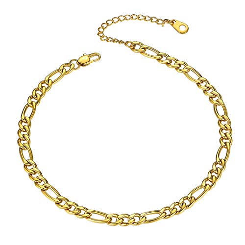 Adjustbale Link Chain Anklet for Women Summer Jewelry, 316L Stainless Steel Figaro/Wheat/Twist Rope/Cuban Foot Bracelet-Waterproof, Resizable 9"-12" (Gift Box Included) - color: 3, Figaro - Gold