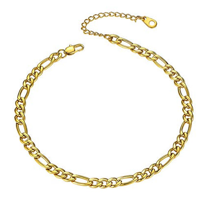 Adjustbale Link Chain Anklet for Women Summer Jewelry, 316L Stainless Steel Figaro/Wheat/Twist Rope/Cuban Foot Bracelet-Waterproof, Resizable 9"-12" (Gift Box Included) - color: 3, Figaro - Gold
