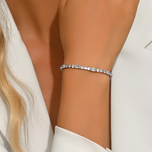 Tennis Bracelet for Women 18K Gold Plated White Red Green Black Blue Pink 3mm Cubic Zirconia Bracelet Dainty Diamond Adjustable Bracelet Trendy Jewelry Gift - color: White Tennis-White Gold