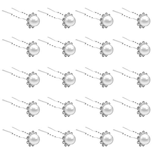 QIUTIMIY 20 Pack (White) Pearl Crystal Hair Pins Flower Rhinestone Hair Clips for Bridal Wedding Women Hair Jewelry Accessories, with Clear Container - color: Pearl Flower-White