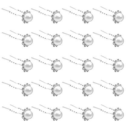 QIUTIMIY 20 Pack (White) Pearl Crystal Hair Pins Flower Rhinestone Hair Clips for Bridal Wedding Women Hair Jewelry Accessories, with Clear Container - color: Pearl Flower-White